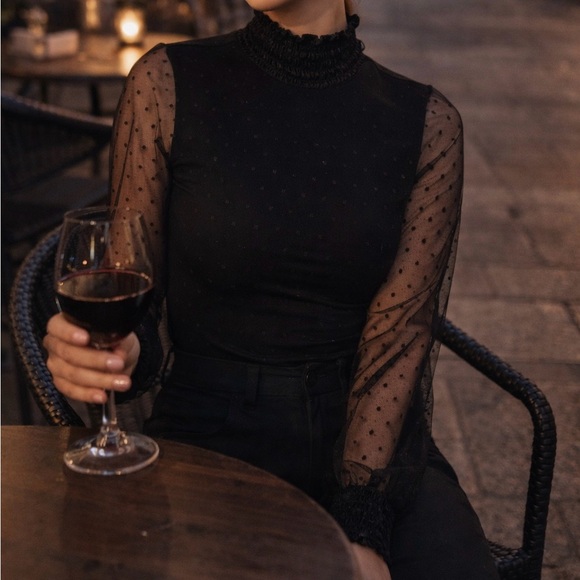 Pink Lily Black Sheer Polka Dot Mesh Sleeve Smocked Mock Neck Top M - Picture 4 of 6